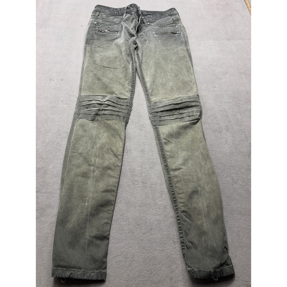 Robins Jean Mens Moto Biker Slim Pants Faded Olive Green Zipper Ribbed Knee 29